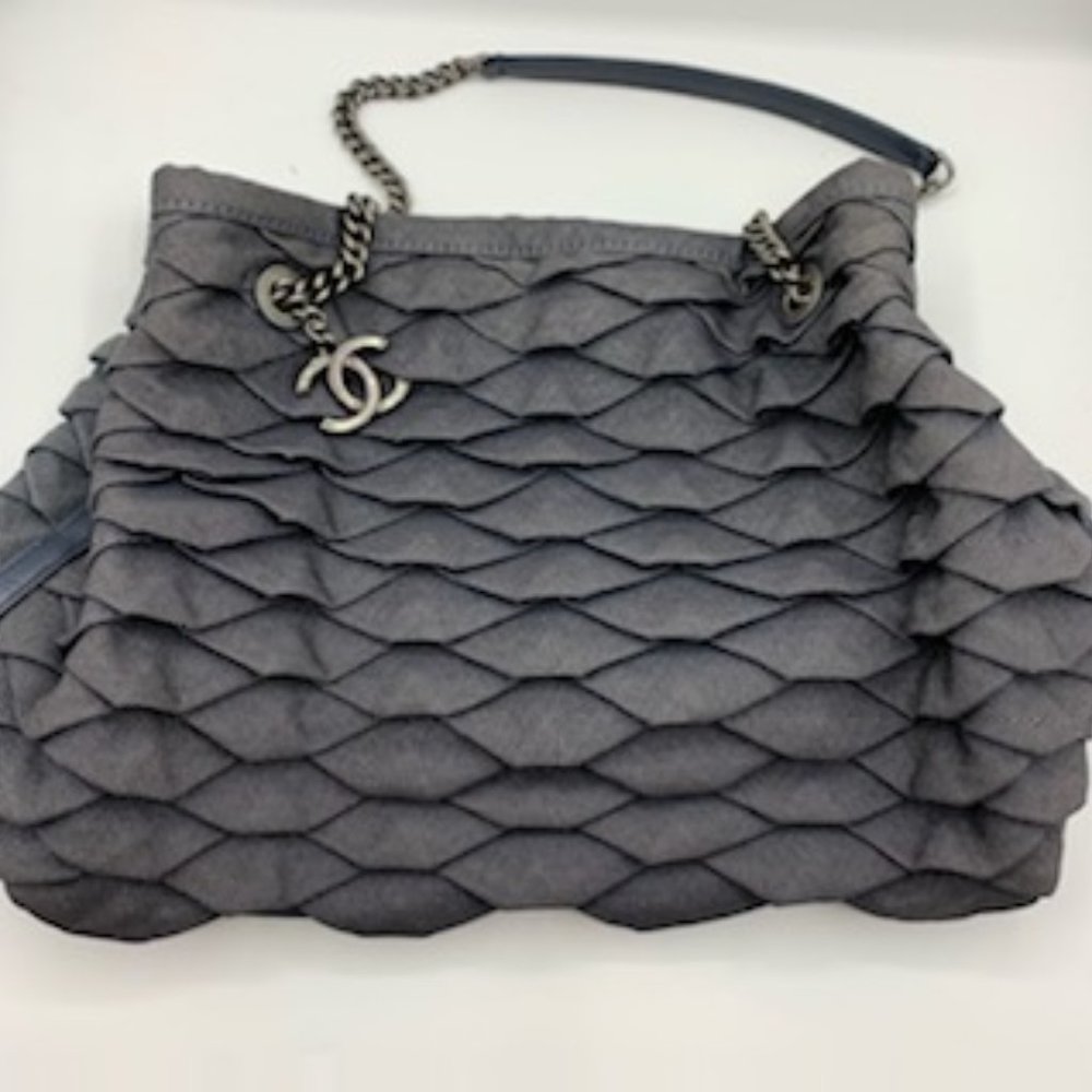 Chanel Denim Handbag Purse w/ Leather Strap & Leather Bottom! Certificates incld